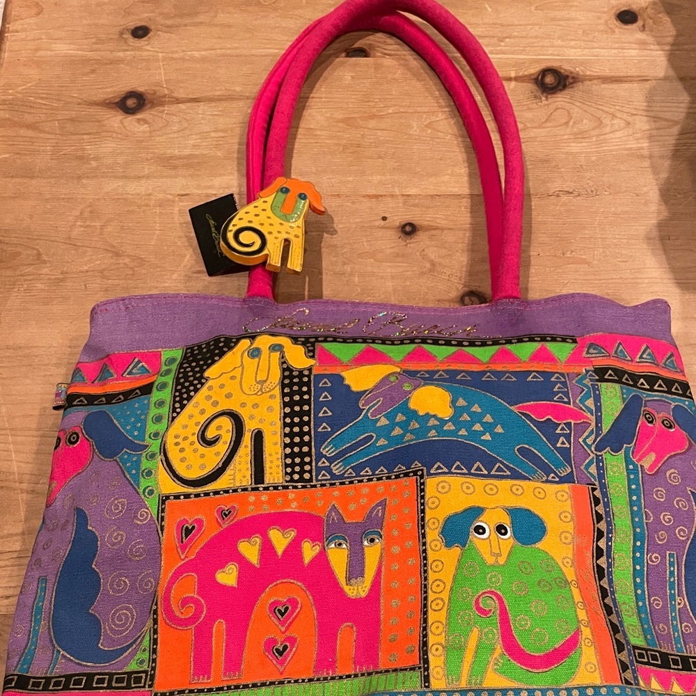 NWT VTG Vibrant Laurel Burch Dog Cat Animal Sparkly Canvas Tote Purse Bag - Picture 2 of 10